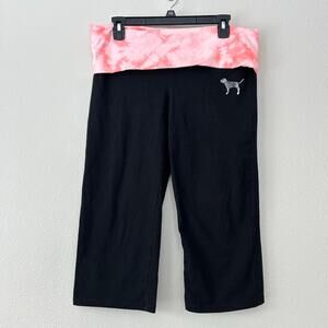 Victoria's Secret PINK Black & Orange Tie Dye Fold Over Capri Yoga Logo Pants L